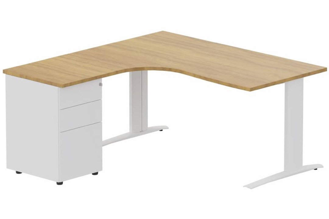 k1 Poutre - Plan compact 90° asymétrique 180x162x80 / 60cm avec caisson HB métal 3 tiroirs - retour à gauche -Finitions : PLATEAUX: NOYER (NO) / PIETEMENTS: BLANC (BL) / CAISSONS METALLIQUES: BLANC (BL)