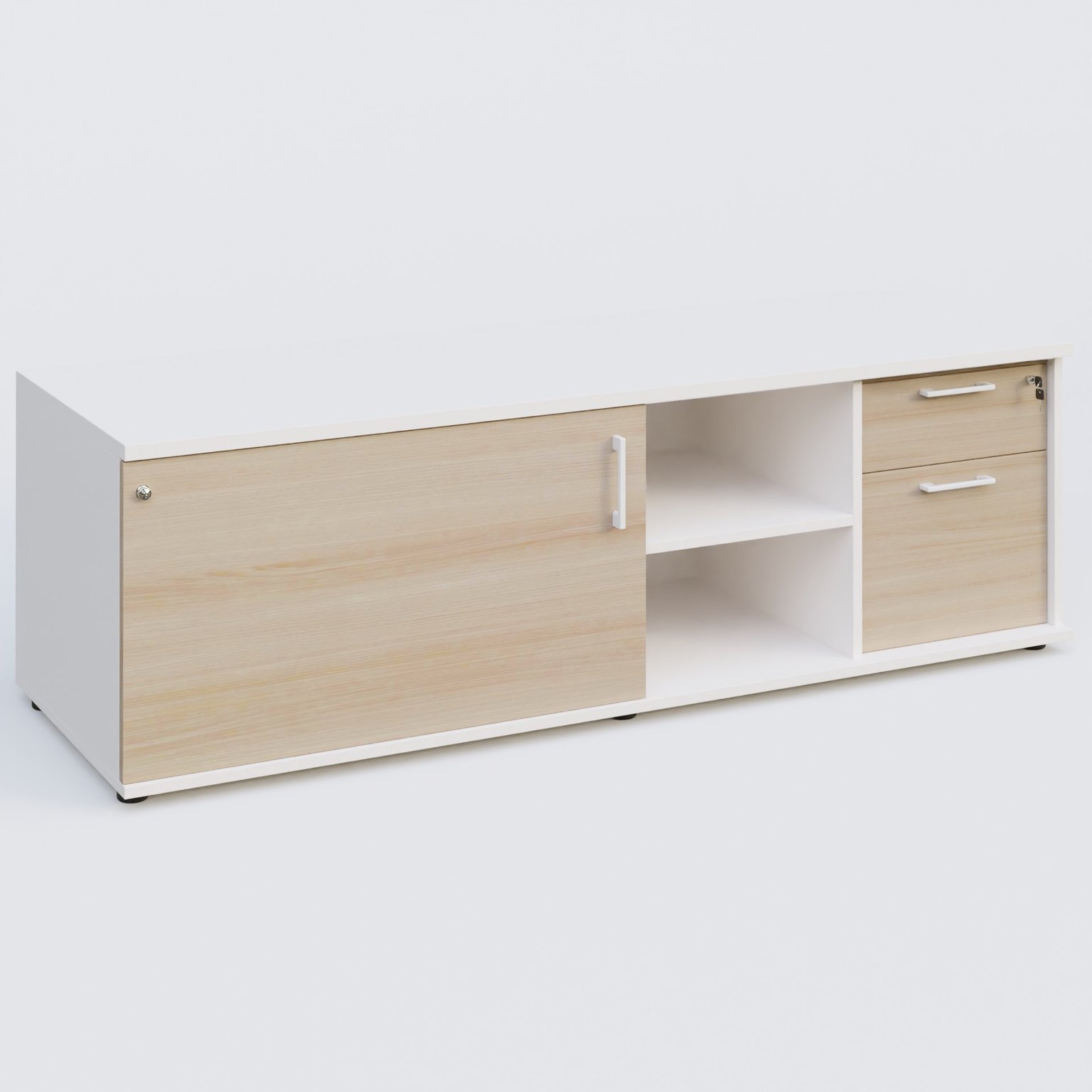 Caisson USE ME avec caisson deux tiroirs, porte à gauche. Caisson Blanc et portes Acacia.
