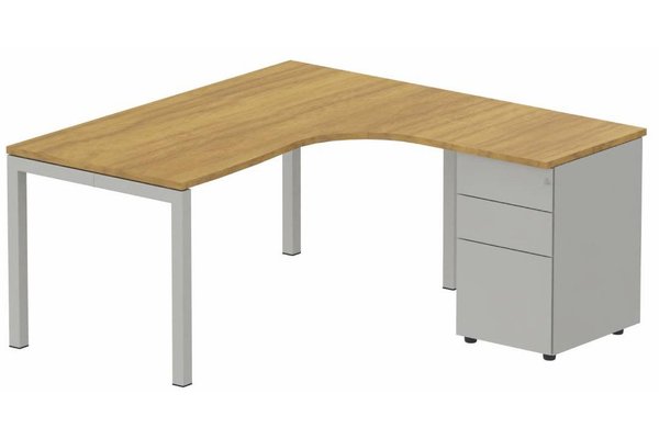 Gamme K3 - Plans compacts - K3 Compact 90° asymétrique 160x162x80/60cm retour à droite avec caisson HB métal 3 tiroirs, plateau Noyer, structure alu