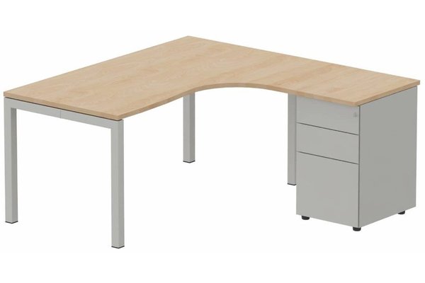 Gamme K3 - Plans compacts - Plan Compact 90° asymétrique 160x162x80/60cm retour à droite avec caisson HB métal 3 tiroirs hêtre/aluminium