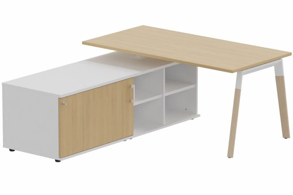 Gamme K8 Wood - Plans droits - K8Wood Plan 200x100 avec meuble porteur (L180xP64) sans caisson - meuble à gauche -Finitions = Plateau : chêne /Piétement : Blanc / bois (BW) / Corps d'armoire: Blanc (BL) / Façade: chêne