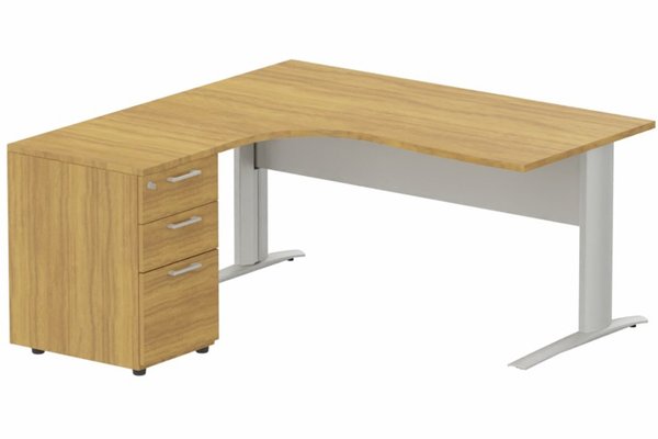 Gamme K1 - Plans compacts - K1 Voile de fond Métal - Plan compact 90° asymétrique 180x162x80/60cm avec caisson HB bois 3 tiroirs - retour à gauche -Finitions : PLATEAUX: NOYER (NO) / PIETEMENTS: ALUMINIUM (AL) / CAISSONS MELAMINE: NOYER (NO)