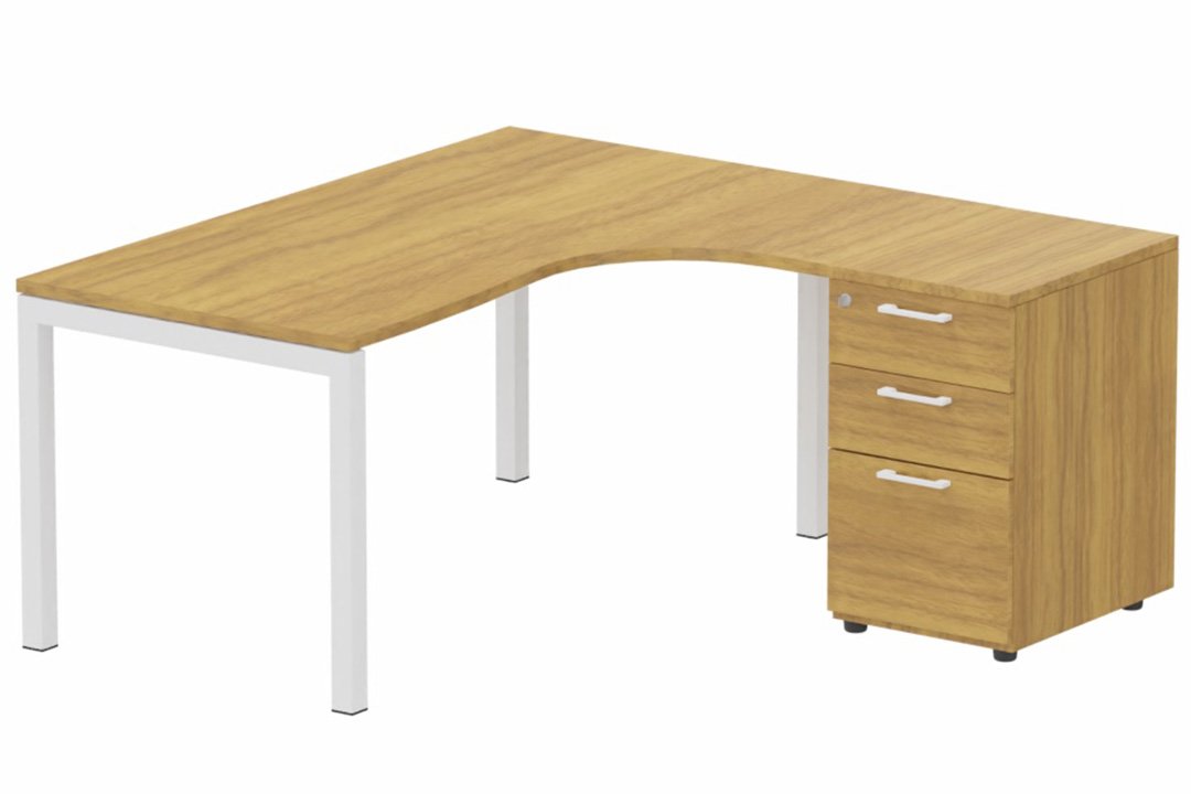 K3 Compact 90° asymétrique 160x162x80/60cm retour à droite avec caisson HB bois 3 tiroirs noyer/blanc
