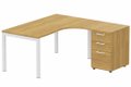 K3 Compact 90° asymétrique 180x162x80/60cm retour à droite avec caisson HB bois 3 tiroirs, plateau noyer, structure blanche