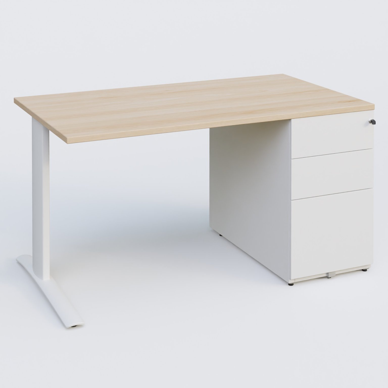 K1 Plateau droit 140x80 avec caisson métal porteur sous plateau à droite. Plateau Hêtre et pietement Blanc