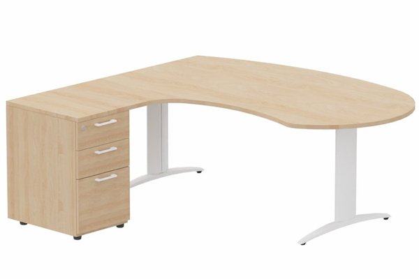 Gamme K2 - Plans compacts - K2 compact 90° manager 190x141x104x60cm sur caisson HB mélamine 3 tiroirs, plateau hêtre, structure blanc