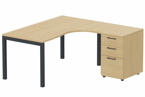 Gamme K3 - Plans compacts - K3- Plan compact 90° asymétrique 160x162x80/60cm avec caisson HB bois 3 tiroirs - retour à droite -Finitions = Plateau et top de finition : Chêne (CE) /Piétements : Anthracite /Caisson :Chêne (CE)