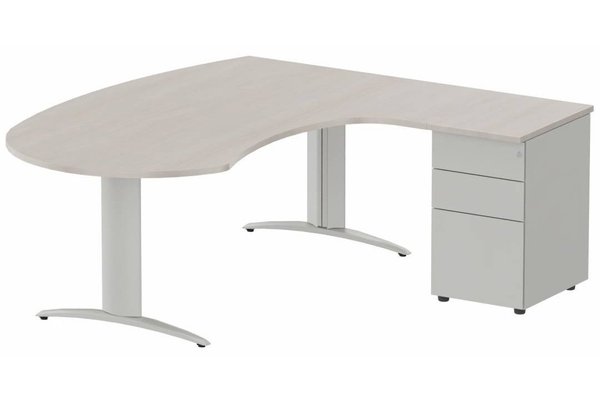 Gamme K2 - Plans compacts - K2 compact 90° manager 190x141x104x60cm sur caisson HB métal 3 tiroirs, plateau acacia, structure aluminium