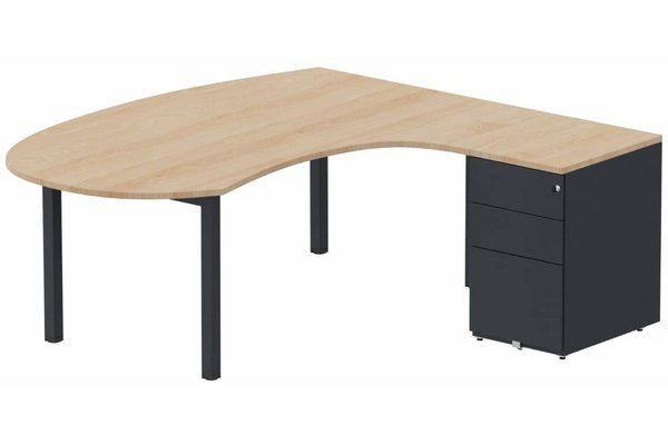 Gamme K3 - Plans compacts - K3 compact 90° manager 190x141x104x60cm sur caisson HB métal 3 tiroirs, plateau hêtre, structure anthracite