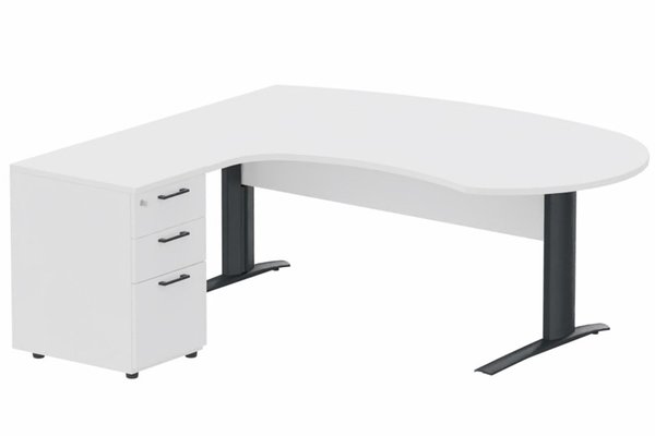 Gamme K1 - Plans compacts - K1 VDF bois compact 90° manager 190x141x104x60cm sur caisson HB mélamine 3 tiroirs, plateau blanc, structure anthracite