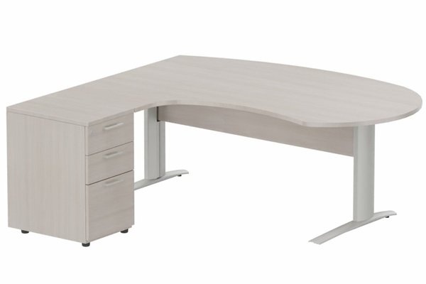Gamme K1 - Plans compacts - K1 VDF bois compact 90° manager 190x141x104x60cm sur caisson HB mélamine 3 tiroirs, plateau acacia, structure aluminium