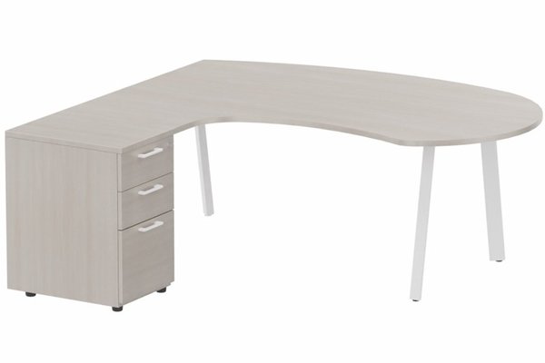 Gamme K8 - Plans compacts - Plan compact 90° manager sur caisson HB bois 190 x 141 x 104 x 60 cm, 3 tiroirs, plateau acacia, structure blanc