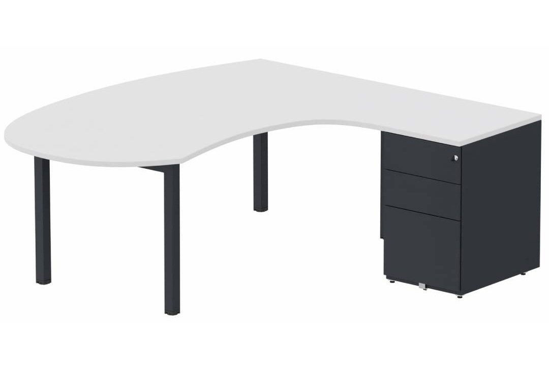 K3 compact 90° manager 190x141x104x60cm sur caisson HB métal 3 tiroirs, plateau blanc, structure anthracite