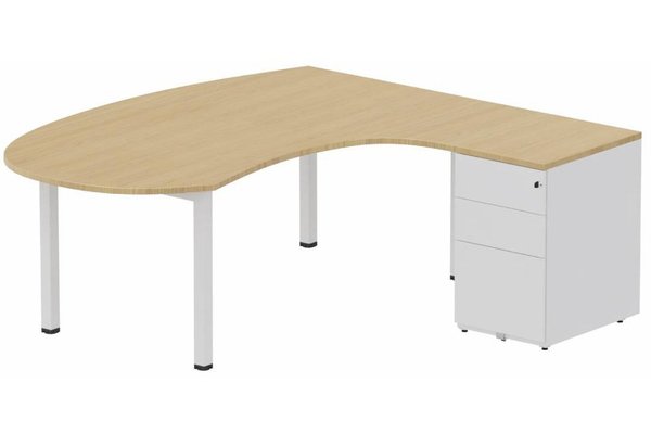 Gamme K3 - Plans compacts - K3- Plan compact 90° asymétrique Manager 190x183x104x60cm avec caisson HB métal 3 tiroirs - retour à droite Finitions- Plateau et top caisson : Chêne (CE) / Piétements et caisson :Blanc (BL)