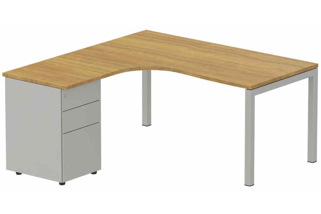 K3- Plan compact 90° asymétrique 160x162x80/60cm avec caisson HB métal 3 tiroirs - retour à gauche -Finitions : PLATEAUX: NOYER (NO) / PIETEMENTS: ALUMINIUM (AL) / CAISSONS METALLIQUES: ALUMINIUM (AL)