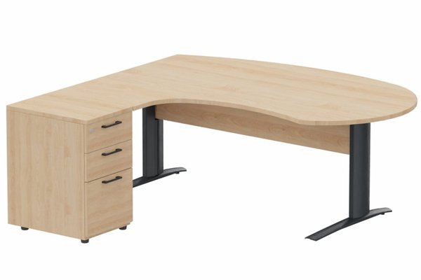 Gamme K1 - Plans compacts - K1 VDF bois compact 90° manager 190x141x104x60cm sur caisson HB mélamine 3 tiroirs, plateau hêtre, structure anthracite