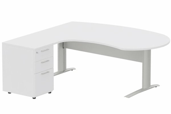 Gamme K1 - Plans compacts - K1 VDF métal compact 90° manager 190x141x104x60cm sur caisson HB mélamine 3 tiroirs, plateau blanc, structure aluminium