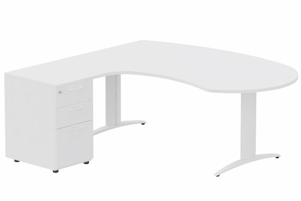 Gamme K2 - Plans compacts - K2 compact 90° manager 190x141x104x60cm sur caisson HB mélamine 3 tiroirs, plateau blanc, structure blanc
