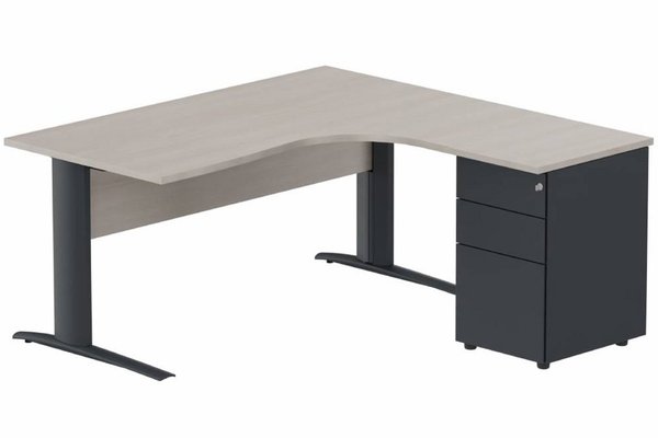 Gamme K1 - Plans compacts - K1 VDF BOIS Compact 90° asymétrique 160x162x80/60cm retour à droite avec caisson HB métal 3 tiroirs, plateau acacia, structu