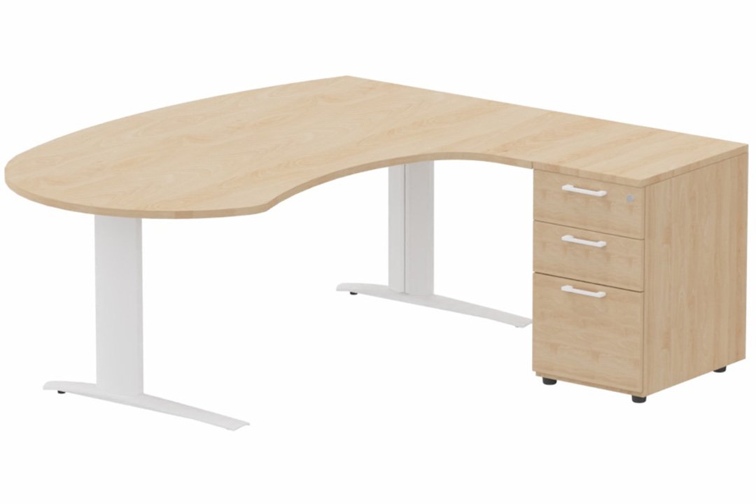 K1 POUTRE compact 90° manager 190x141x104x60cm sur caisson HB mélamine 3 tiroirs, plateau hêtre, structure blanc