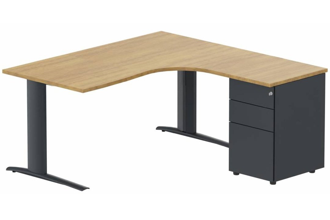 k1 Poutre - Plan compact 90° asymétrique 180x162x80 / 60cm avec caisson HB métal 3 tiroirs - retour à droite -Finitions : PLATEAUX: NOYER (NO) / PIETEMENTS: ANTHRACITE (AN) / CAISSONS METALLIQUES: ANTHRACITE (AN)