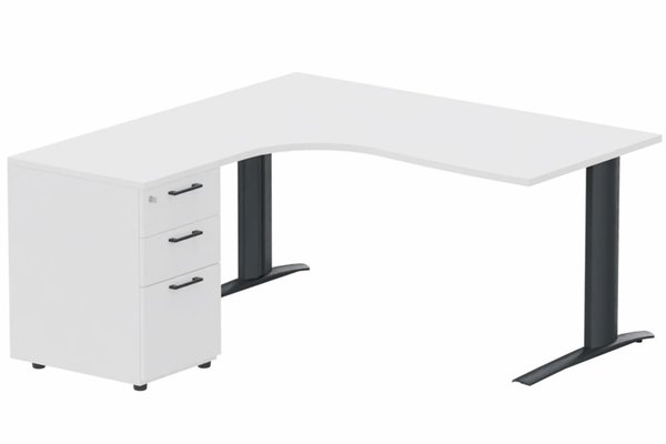 Gamme K1 - Plans compacts - k1 Poutre - Plan compact 90° asymétrique 180x162x80 / 60cm avec caisson HB bois 3 tiroirs - retour à gauche -Finitions : PLATEAUX: BLANC (BL) / PIETEMENTS: ANTHRACITE (AN) / CAISSONS MELAMINE: BLANC (BL)