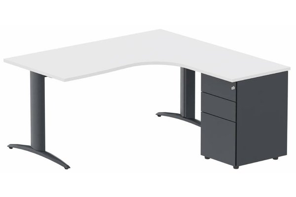 Gamme K2 - Plans compacts - Plan Compact 90° asymétrique 160x162x80/60cm retour à droite avec caisson HB métal 3 tiroirs blanc/ANTHRACITE- sur délai