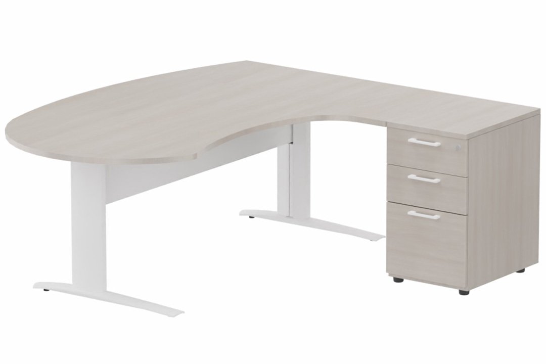 K1 VDF métal compact 90° manager 190x141x104x60cm sur caisson HB mélamine 3 tiroirs, plateau acacia, structure blanc
