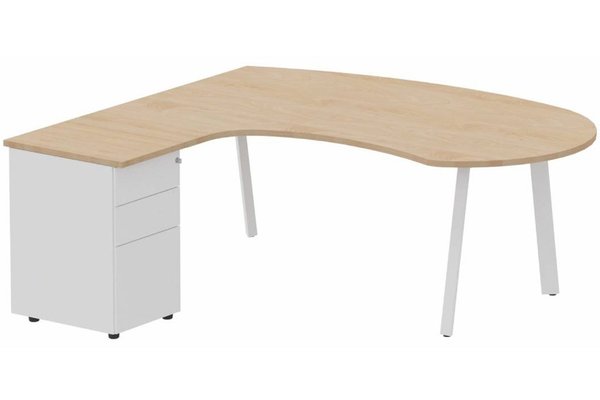 Gamme K8 - Plans compacts - Plan compact 90° manager sur caisson HB métal 190 x 141 x 104 x 60 cm, 3 tiroirs, plateau hêtre, structure blanc
