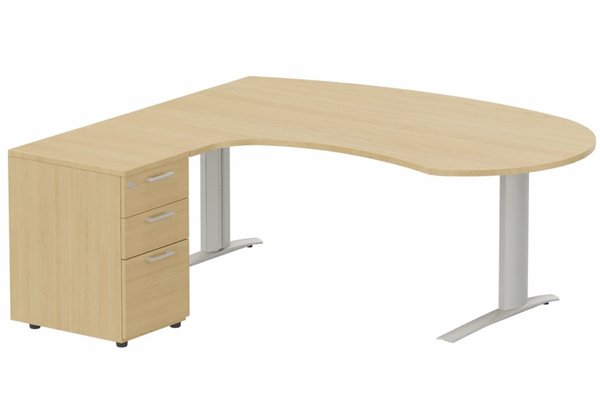 Gamme K1 - Plans compacts - k1 Poutre - Plan compact 90° asymétrique Manager 190x183x104 / 60cm avec caisson HB bois 3 tiroirs - retour à gauche -Finitions : PLATEAUX: CHENE (CE) / PIETEMENTS: ALUMINIUM (AL) / CAISSONS MELAMINE: CHENE (CE)