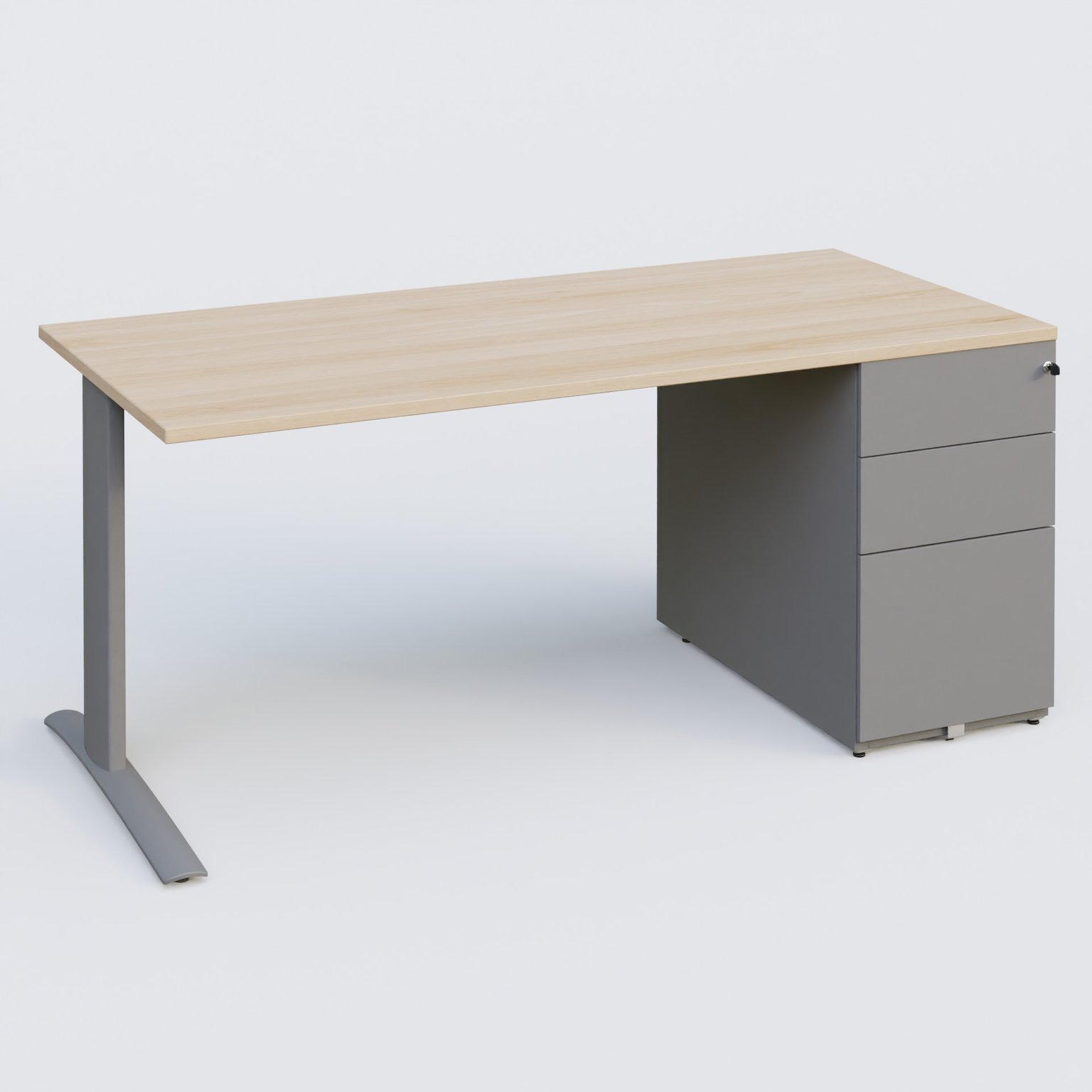 K1 Plateau droit 180x80 avec caisson métal porteur sous plateau à droite. Plateau Hêtre et pietement Aluminium