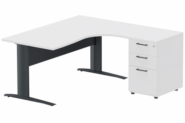 Gamme K1 - Plans compacts - K1 Voile de fond Métal - Plan compact 90° asymétrique 160x162x80/60cm avec caisson HB bois 3 tiroirs - retour à droite -Finitions : PLATEAUX: BLANC (BL) / PIETEMENTS: ANTHRACITE (AN) / CAISSONS MELAMINE: BLANC (BL)