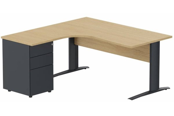 Gamme K1 - Plans compacts - K1 Voile de fond Bois- Plan compact 90° asymétrique 180x162x80/60cm avec caisson HB métal 3 tiroirs - retour à gauche -Finitions : PLATEAUX: CHENE (CE) / PIETEMENTS: ANTHRACITE (AN) / CAISSONS METALLIQUES: ANTHRACITE (AN)