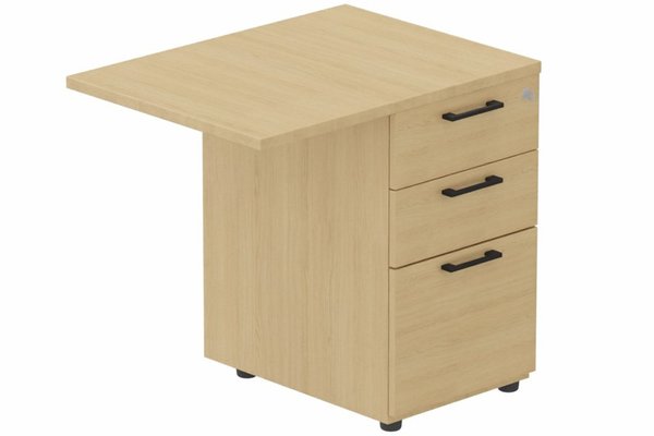 Gamme K8 - Extensions - Plans droits - K8- Retour direct 100x60 sur caisson bois HB 3 tiroirs - Finitions- Plateau : Chêne (CE) , poignées noires