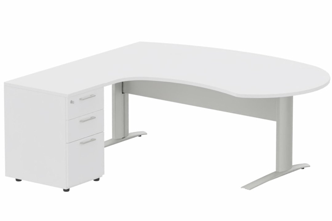 K1 VDF métal compact 90° manager 190x141x104x60cm sur caisson HB mélamine 3 tiroirs, plateau blanc, structure aluminium