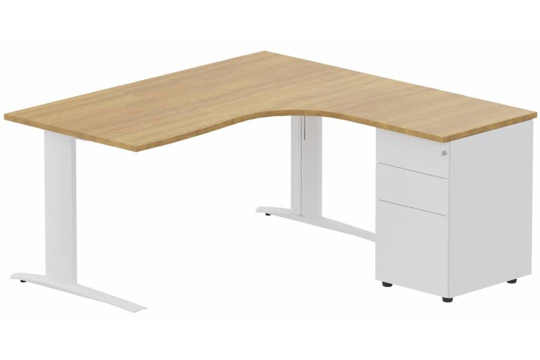 k1 Poutre - Plan compact 90° asymétrique 180x162x80 / 60cm avec caisson HB métal 3 tiroirs - retour à droite -Finitions : PLATEAUX: NOYER (NO) / PIETEMENTS: BLANC (BL) / CAISSONS METALLIQUES: BLANC (BL)