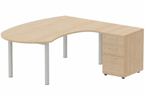 Gamme K3 - Plans compacts - K3 compact 90° manager 190x141x104x60cm sur caisson HB mélamine 3 tiroirs, plateau hêtre, structure aluminium