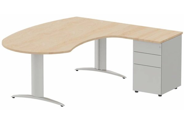 Gamme K2 - Plans compacts - K2 compact 90° manager 190x141x104x60cm sur caisson HB métal 3 tiroirs, plateau hêtre, structure aluminium