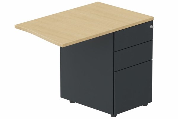 Gamme K1 - Extensions - Plans vagues - K1 Retour direct vague 90x60 sur caisson HB métal 3 tiroirs à droite -Finitions : PLATEAUX: CHENE (CE) / CAISSONS METALLIQUES: ANTHRACITE (AN)