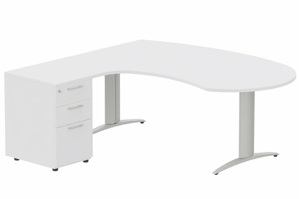 Gamme K2 - Plans compacts - K2 compact 90° manager 190x141x104x60cm sur caisson HB mélamine 3 tiroirs, plateau blanc, structure aluminium
