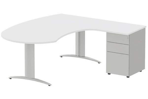 Gamme K2 - Plans compacts - K2 compact 90° manager 190x141x104x60cm sur caisson HB métal 3 tiroirs, plateau blanc, structure aluminium