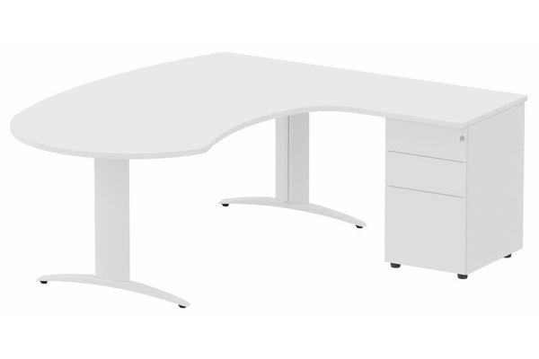 Gamme K2 - Plans compacts - K2 compact 90° manager 190x141x104x60cm sur caisson HB métal 3 tiroirs, plateau blanc, structure blanc