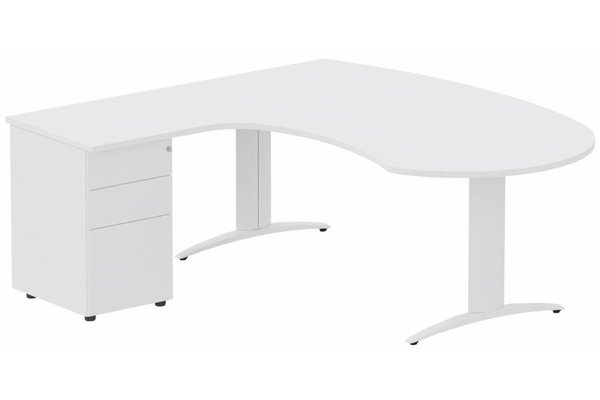 Gamme K2 - Plans compacts - K2 compact 90° manager 190x141x104x60cm sur caisson HB métal 3 tiroirs, plateau blanc, structure blanc
