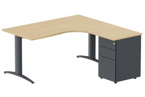 Gamme K2 - Plans compacts - K2- Plan compact 90° asymétrique 160x162x80/60cm avec caisson HB métal 3 tiroirs - retour à droite -Finitions = Plateau et top de finition : Chêne (CE) / Piétements : anthracite (An) / Caisson :anthracite (An)