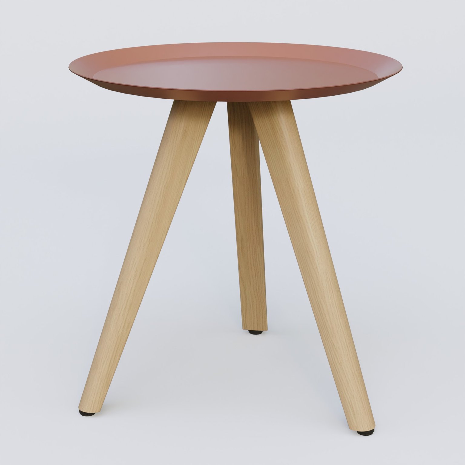Table Basse Fashion Styl piètement 3 pieds bois et plateau métal. Plateau Brun cuivré (RAL 8004) et pietement Chêne.