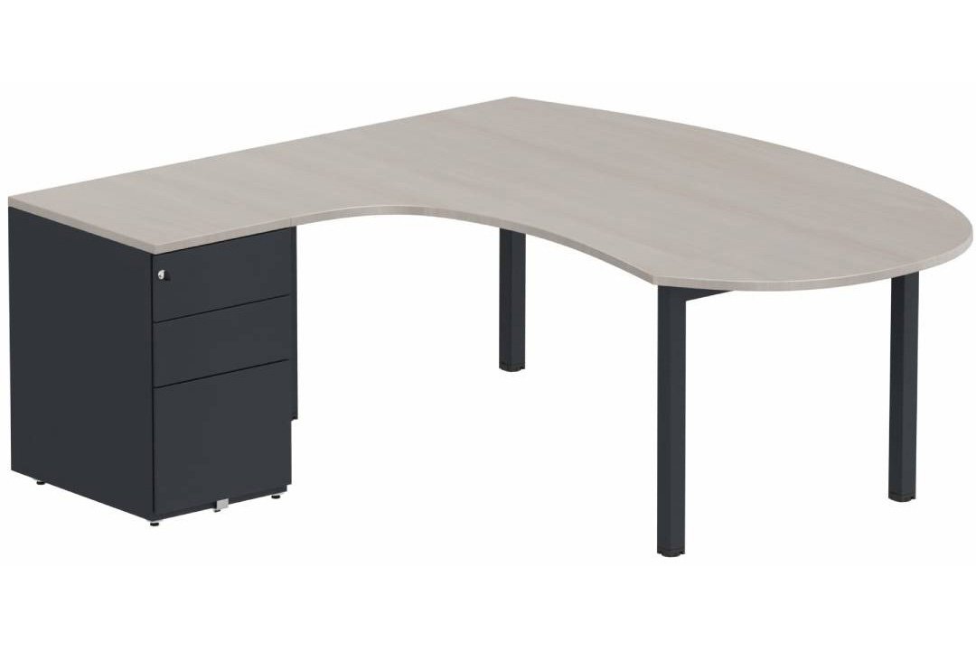 K3 compact 90° manager 190x141x104x60cm sur caisson HB métal 3 tiroirs, plateau acacia, structure anthracite