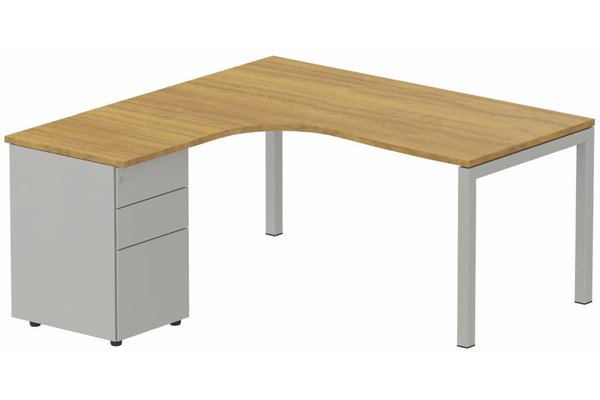 Gamme K3 - Plans compacts - K3- Plan compact 90° asymétrique 160x162x80/60cm avec caisson HB métal 3 tiroirs - retour à gauche -Finitions : PLATEAUX: NOYER (NO) / PIETEMENTS: ALUMINIUM (AL) / CAISSONS METALLIQUES: ALUMINIUM (AL)