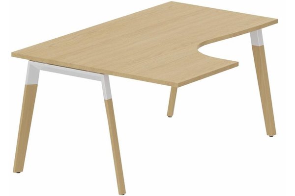 Gamme K8 Wood - Plans compacts  - K8Wood Plan compact 90° asymétrique 160x120x80/60cm sur pied de soutien - retour à gauche - plateau chêne, piétement blanc / bois