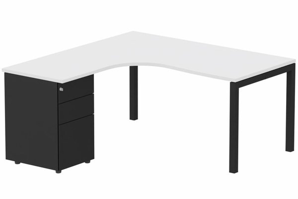 Gamme K3 - Plans compacts - K3- Plan compact 90° asymétrique 160x162x80/60cm avec caisson HB métal 3 tiroirs - retour à gauche -Finitions : PLATEAUX: BLANC (BL) / PIETEMENTS: NOIR GRAINE MAT (NG ) / CAISSONS METALLIQUES: NOIR GRAINE MAT (NG) 