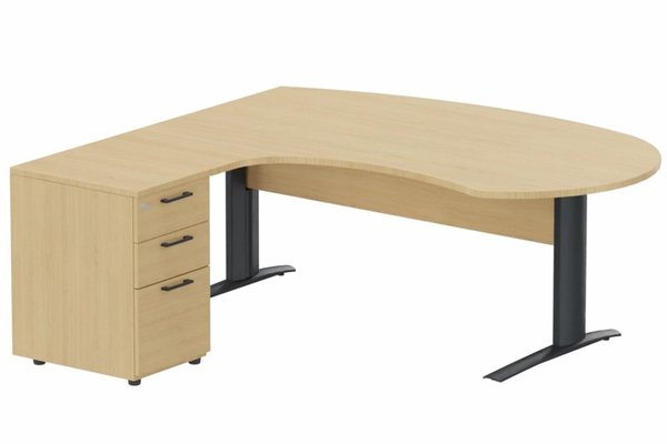 Gamme K1 - Plans compacts - K1 Voile de fond Bois - Plan compact 90° asymétrique Manager 190x183x104/60cm avec caisson HB bois 3 tiroirs - retour à gauche -Finitions : PLATEAUX: CHENE (CE) / PIETEMENTS: ANTHRACITE (AN) / CAISSONS MELAMINE: CHENE (CE)